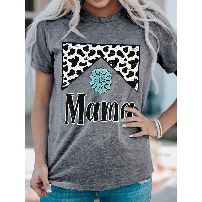 Women's 'MAMA' Leopard Print Round Neck Tee