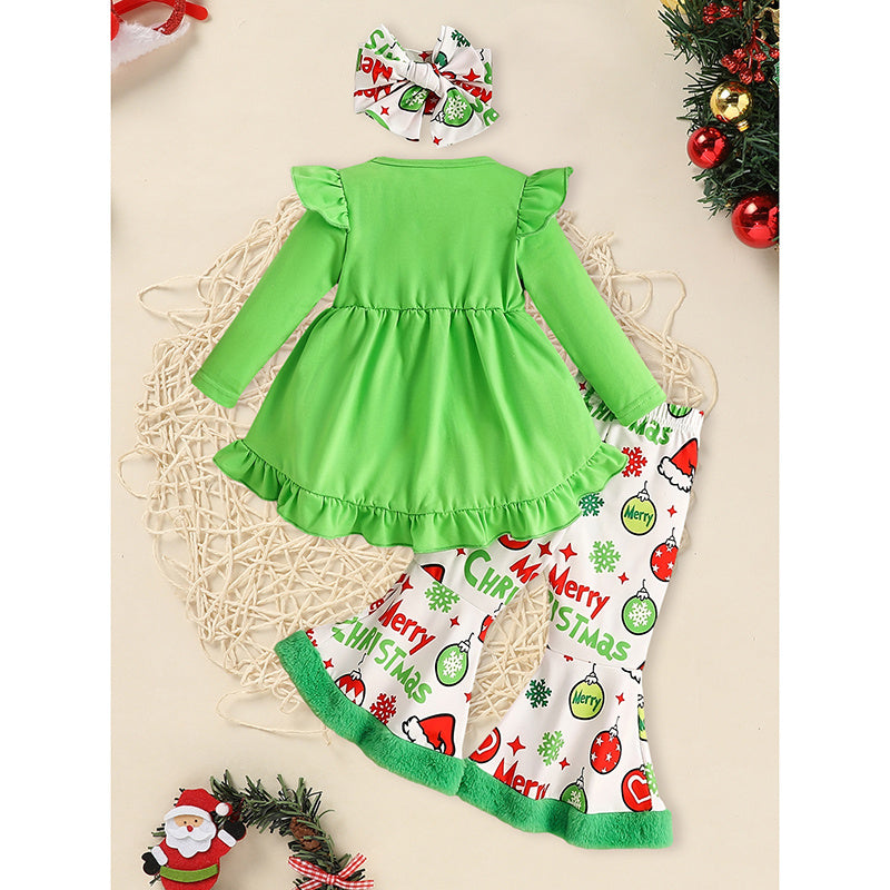 Toddler Girls Christmas Ruffle Long Sleeve Heart Print Top and Flared Pants with Headband Outfit Set