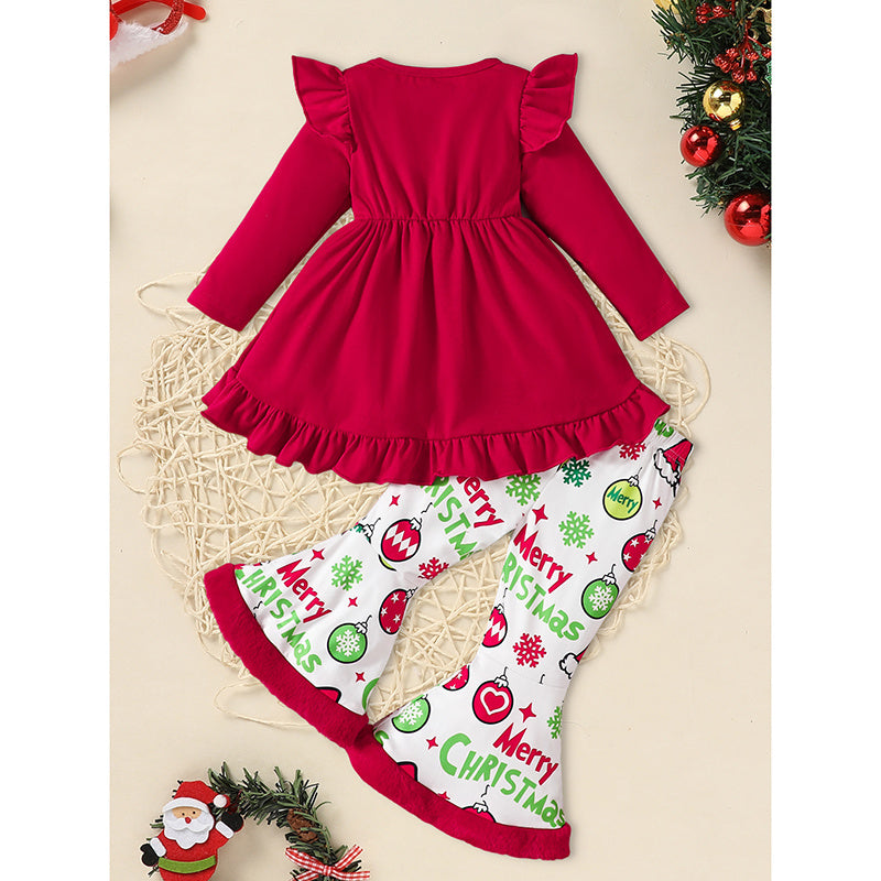 Toddler Girls Christmas Ruffle Long Sleeve Heart Print Top and Flared Pants with Headband Outfit Set