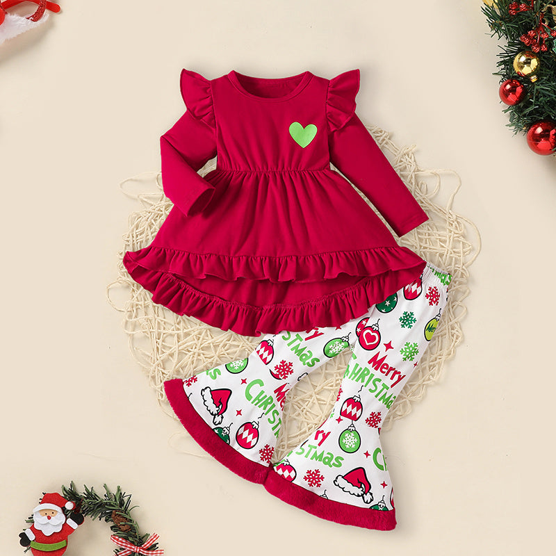 Toddler Girls Christmas Ruffle Long Sleeve Heart Print Top and Flared Pants with Headband Outfit Set
