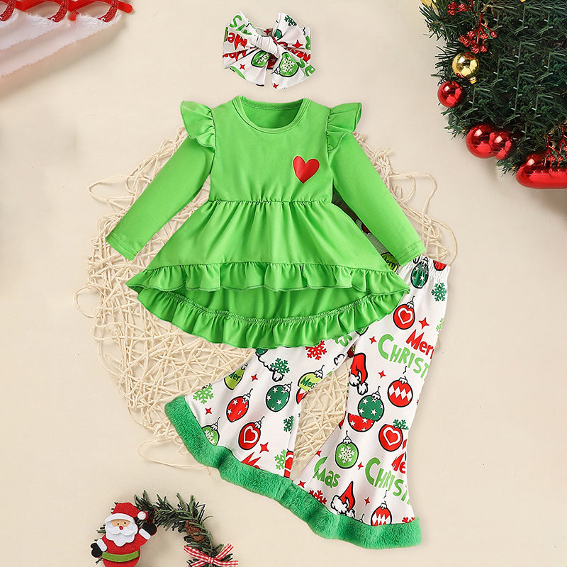 Toddler Girls Christmas Ruffle Long Sleeve Heart Print Top and Flared Pants with Headband Outfit Set