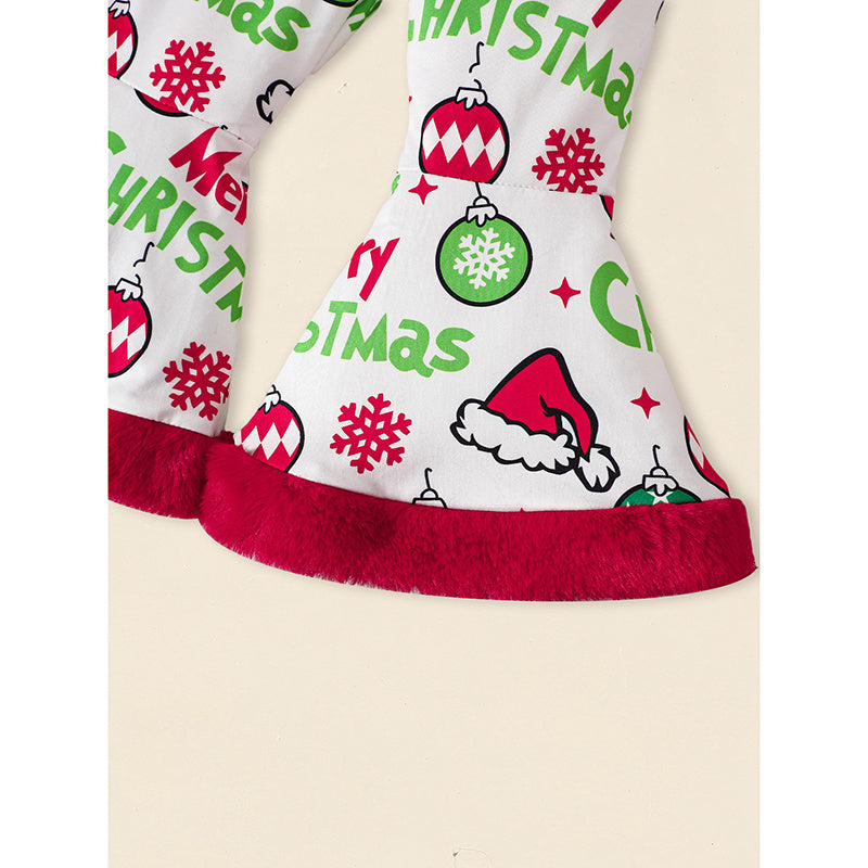 Toddler Girls Christmas Ruffle Long Sleeve Heart Print Top and Flared Pants with Headband Outfit Set